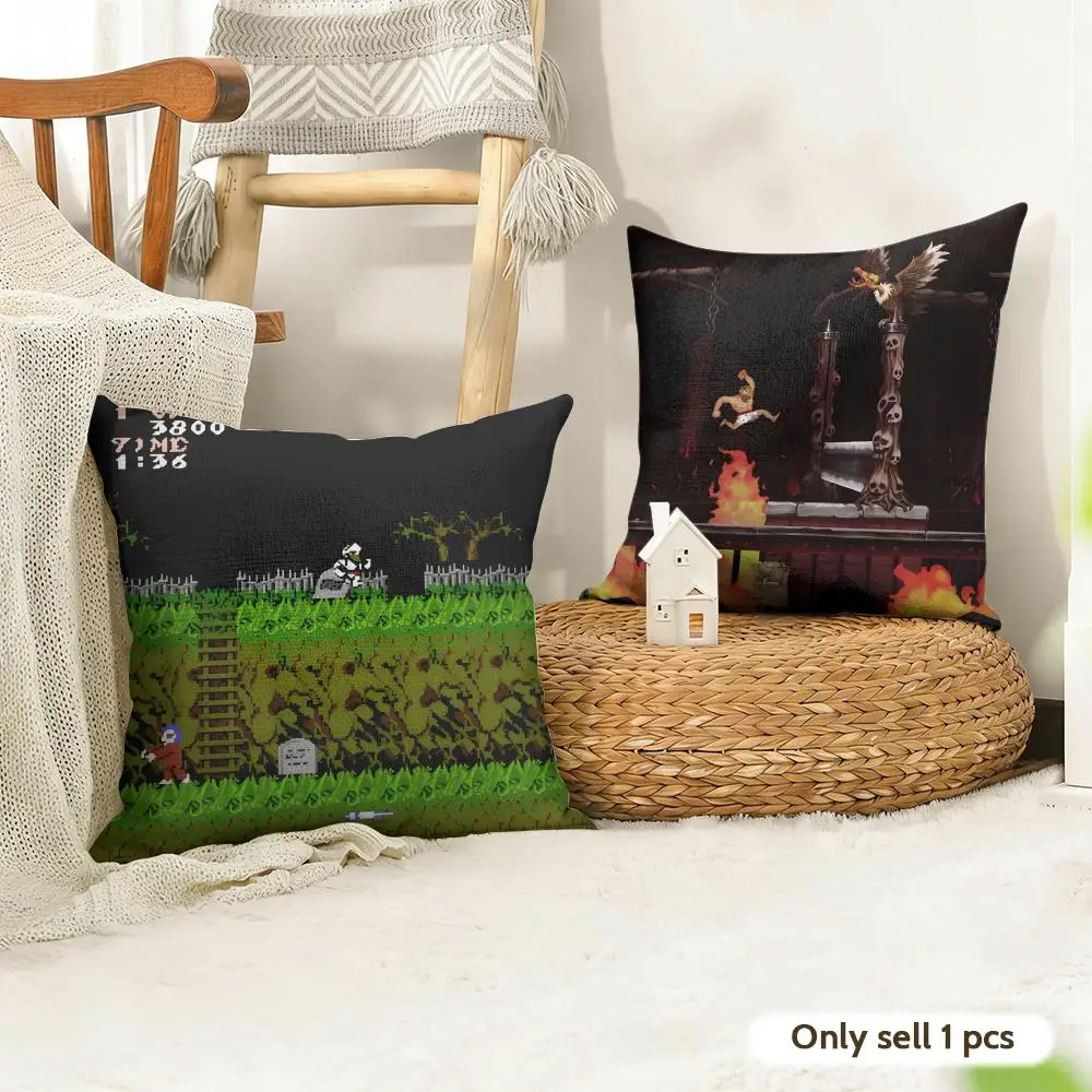 G-Ghosts N G-Goblins Game Cushion Cover Natural Linen Organic Fabric Double-Sided Printing Room Sofa Decor Pillow Case