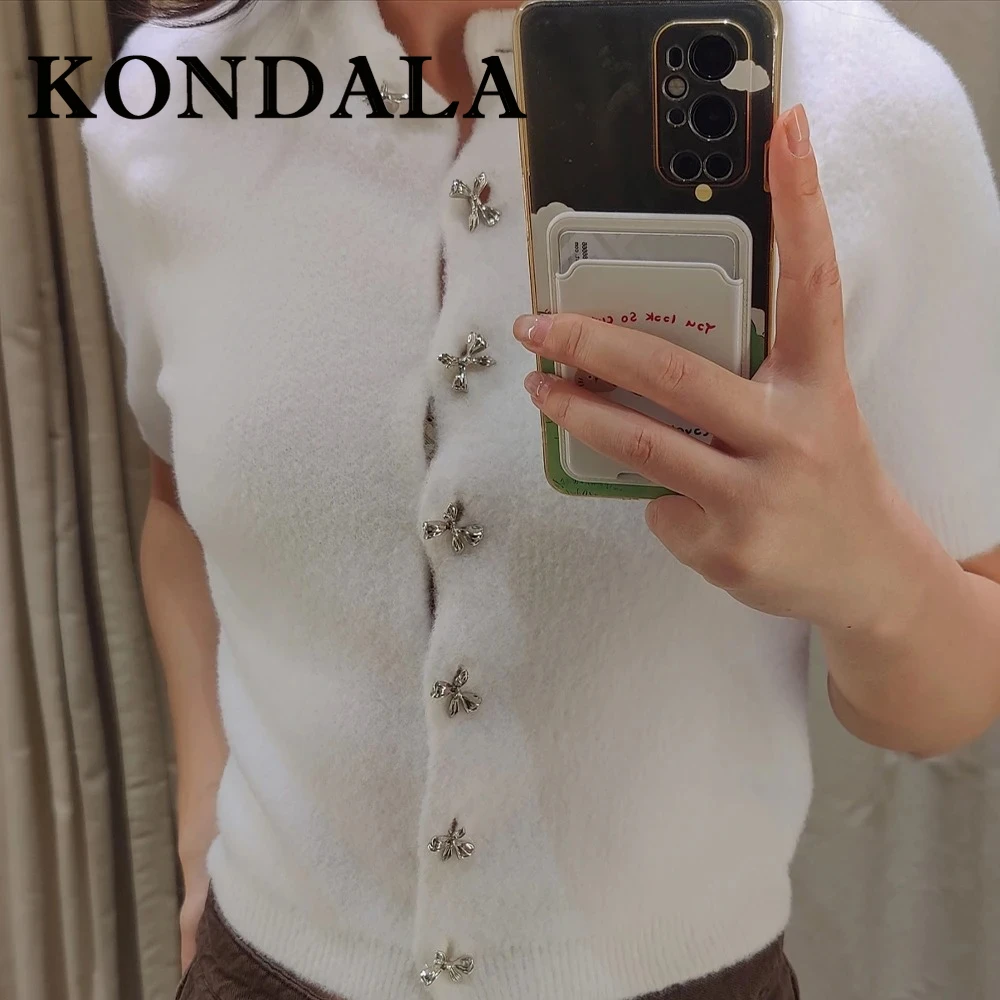 KONDALA Chic Winered Casual Woman Knitwear Fashion 2025 Spring Streetwear Short Sleeve Basics Vintage Sheath Bow Button Sweater