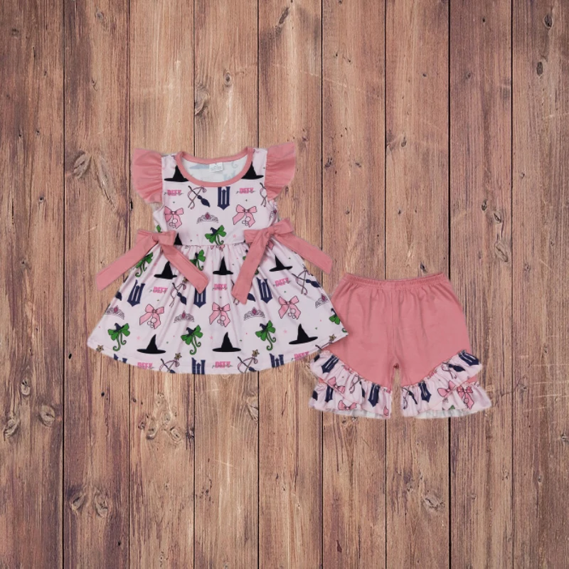 

3.29 GSSO2006 Children's Outfit with Pink Ruffle Butterfly Pattern Flying Sleeve Shorts Set for Kids