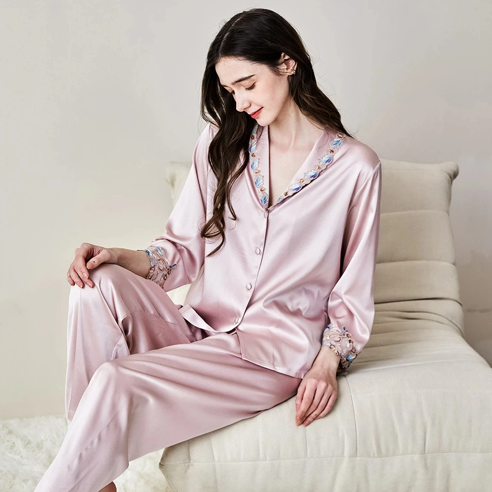 French Style 100% Mulberry Silk Lace Trim Women Pajamas Set Spring Long Sleeve Top & Pants Nightwear Leisure Pajama Loungewear