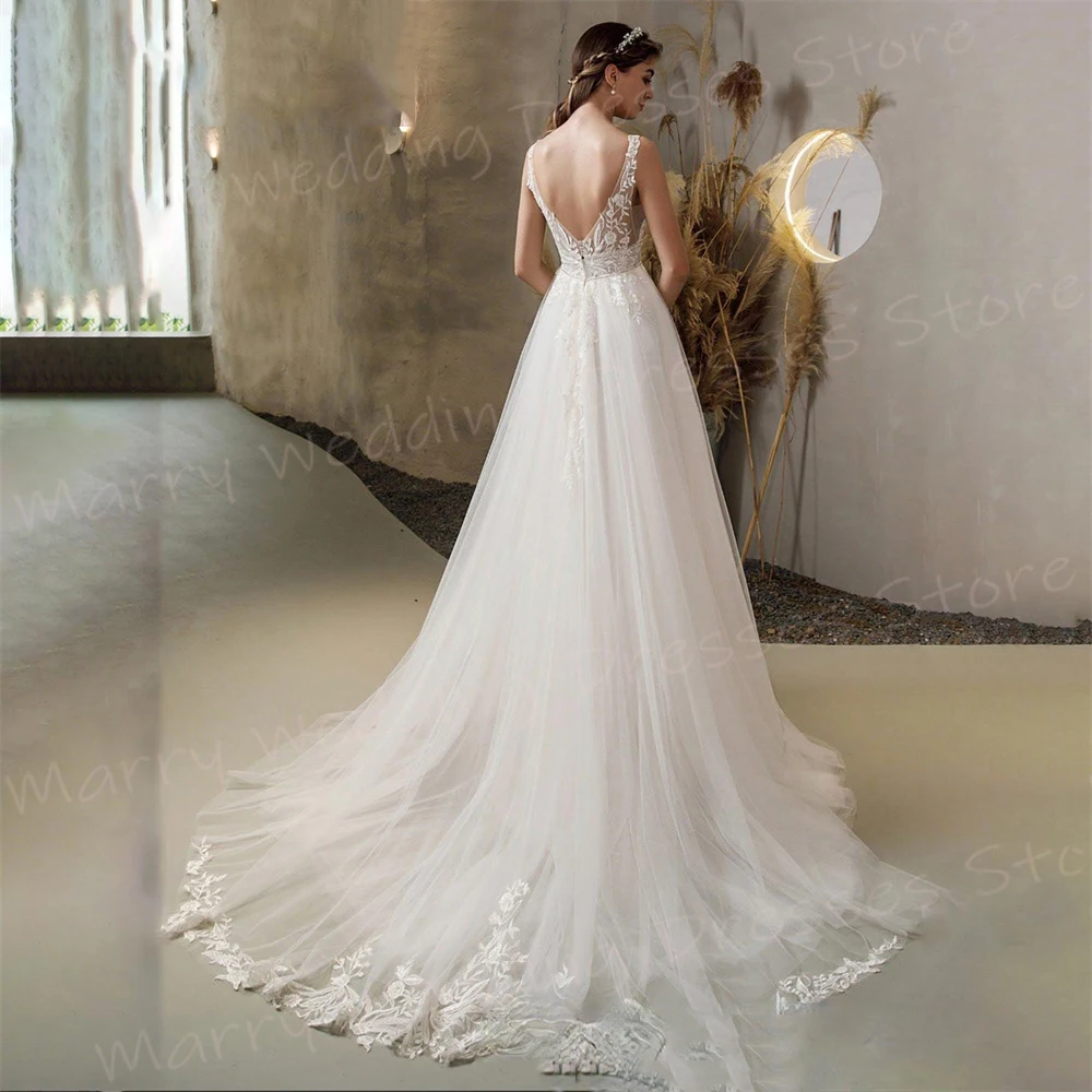 Moderne faszinierende eine Linie Frauen Brautkleider elegante Spitze Applikationen Brautkleider tiefen V-Ausschnitt rücken frei Vestidos Novias Boda