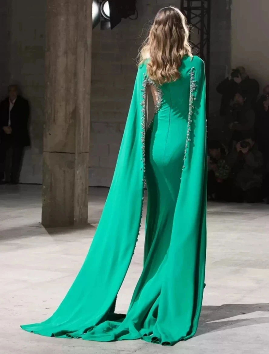 Jirocum Meerjungfrau-Abschlussballkleid für Damen, O-Ausschnitt, Perlen, Party-Abendkleid, Laufsteg, schwimmende Ärmel, bodenlang, formelle Anlässe