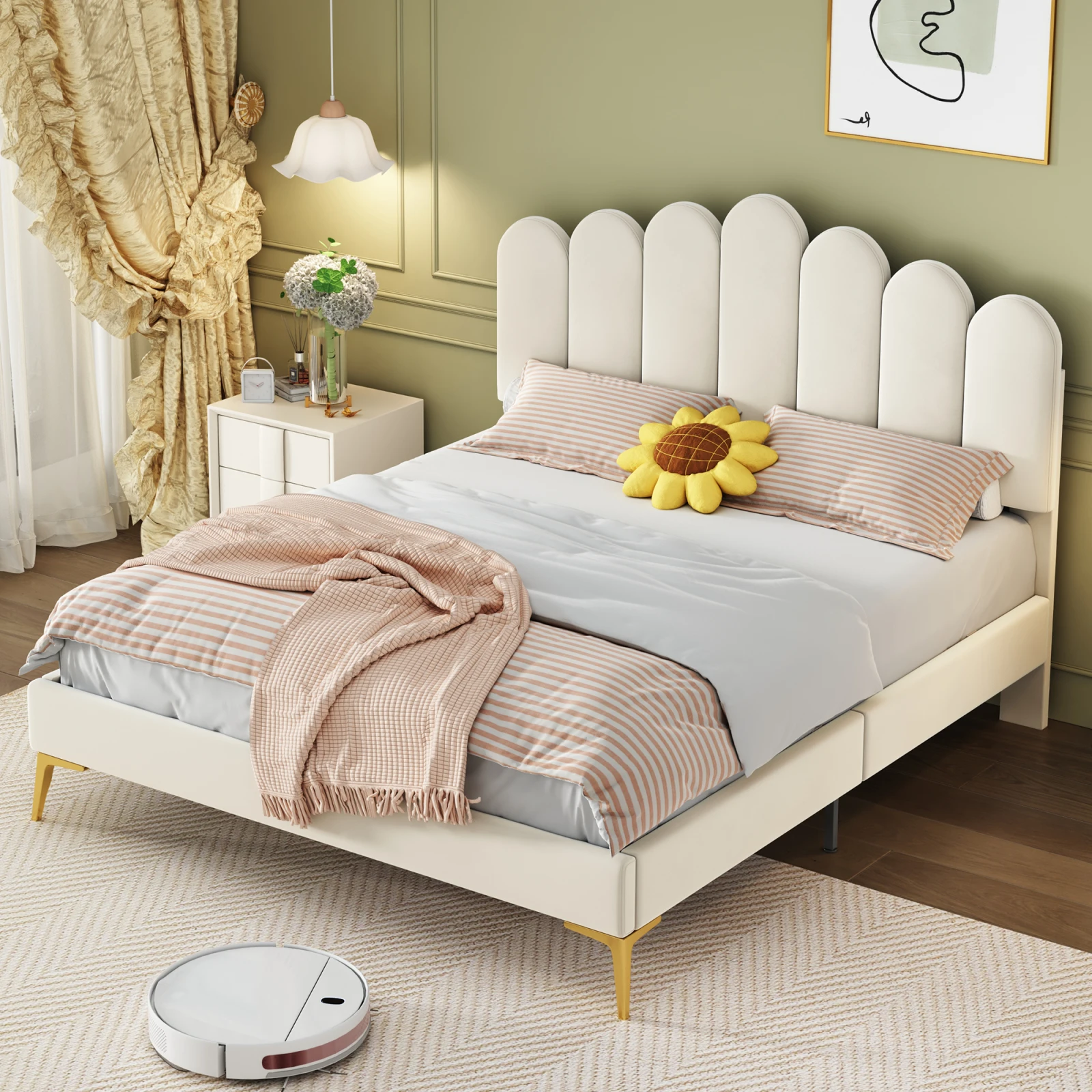 Padded bed double bed with headboard Velvet and slatted base, youth adult bed - 140x200 cm- beige - without mattresses