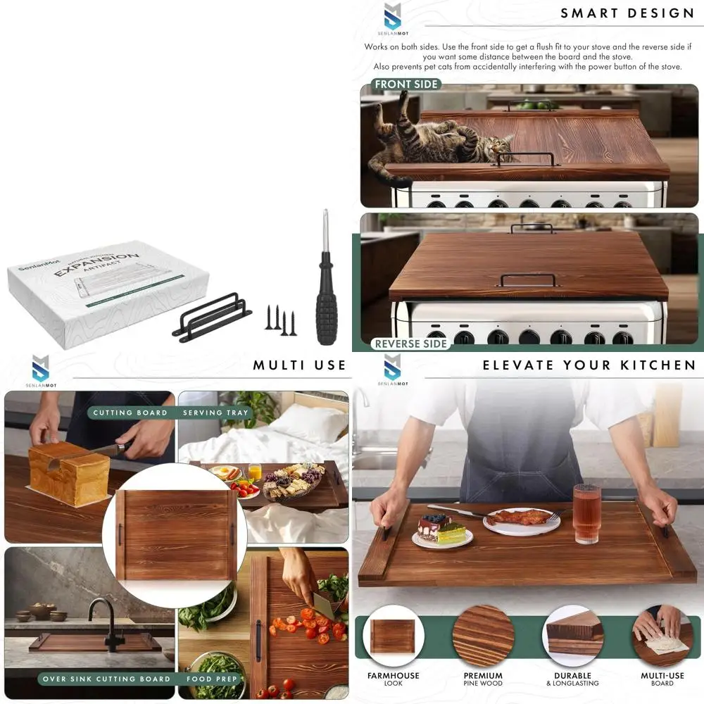 

Multi-Purpose Wooden Stove Cover & Cutting Board, 30.3x21.7, for Electric & Gas Stoves with Handles