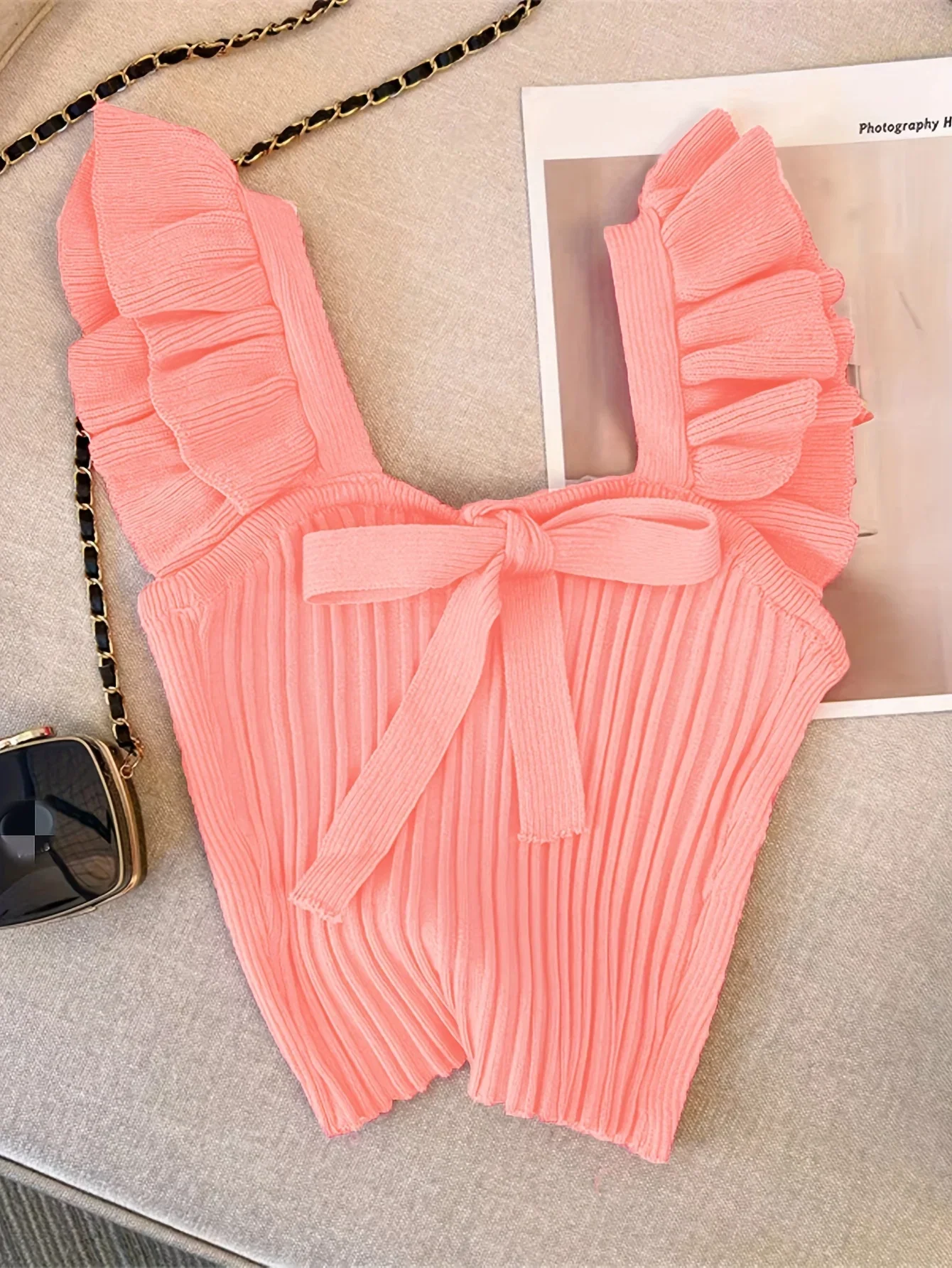 2024 Solid Color Tie Front Knitted Crop Top Chic Flutter Sleeve Slim Backless Top For Summer Women\'s Clothing  y2k top