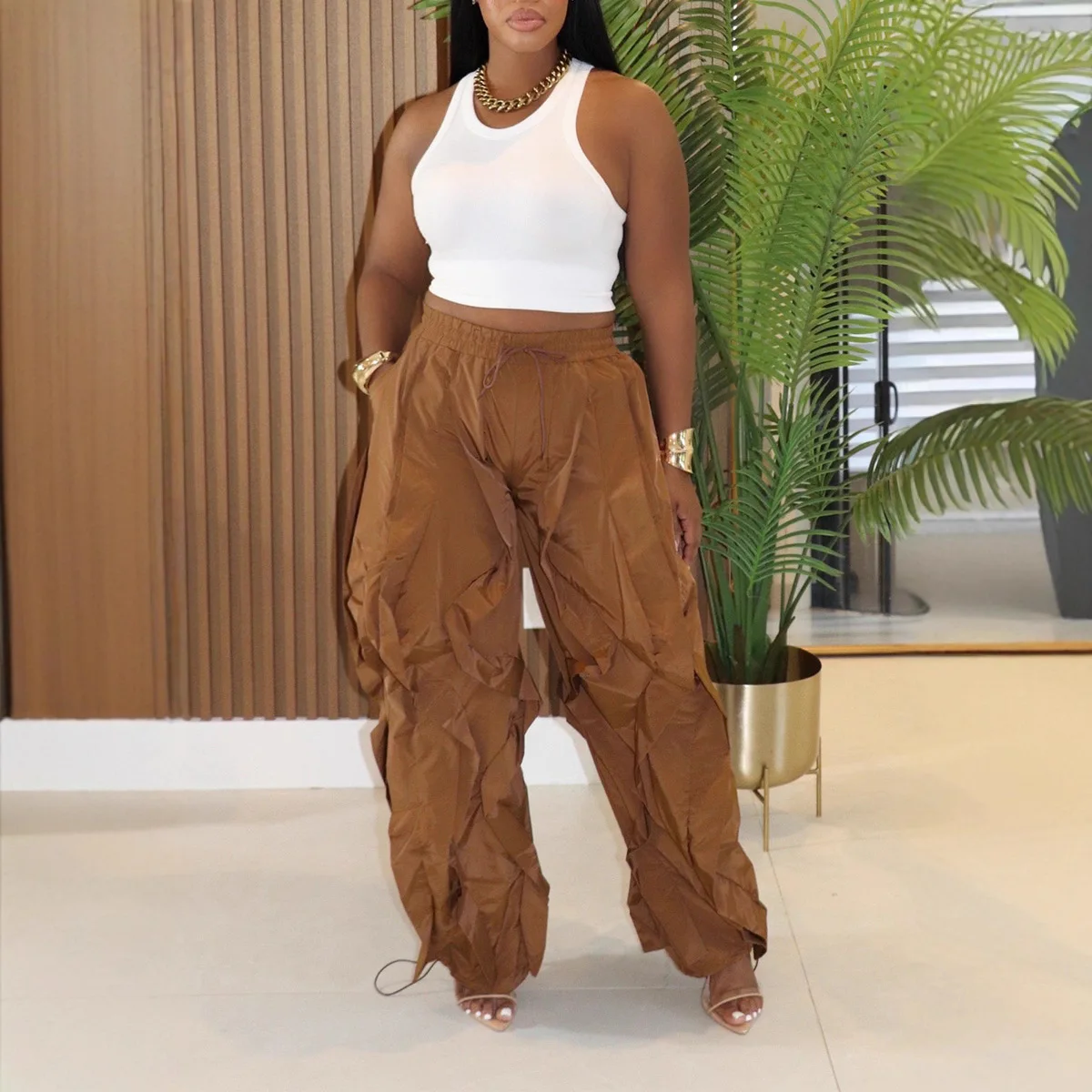 

Casual Loose Wide Leg Pants Women's2026 New Ruched Patchwork Bodycon Pants Female Office Streetwear Bottoms New Trousers