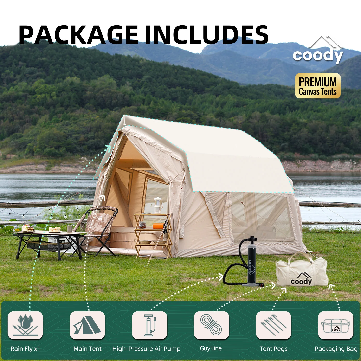 

Yustona Air Tent-Beige Family Camp Tent 2-4 Person Camping Canvas Tent Outdoor 4 Season Inflatable Tent For Sale