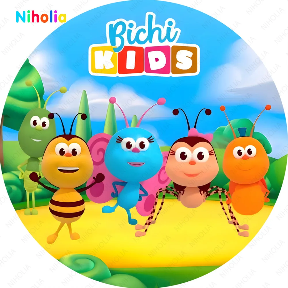 NIHOLIA Bichi Kids Circle Photo Backdrop Birthday Round Cartoon Ants Photography Background Blue Decoration Banner