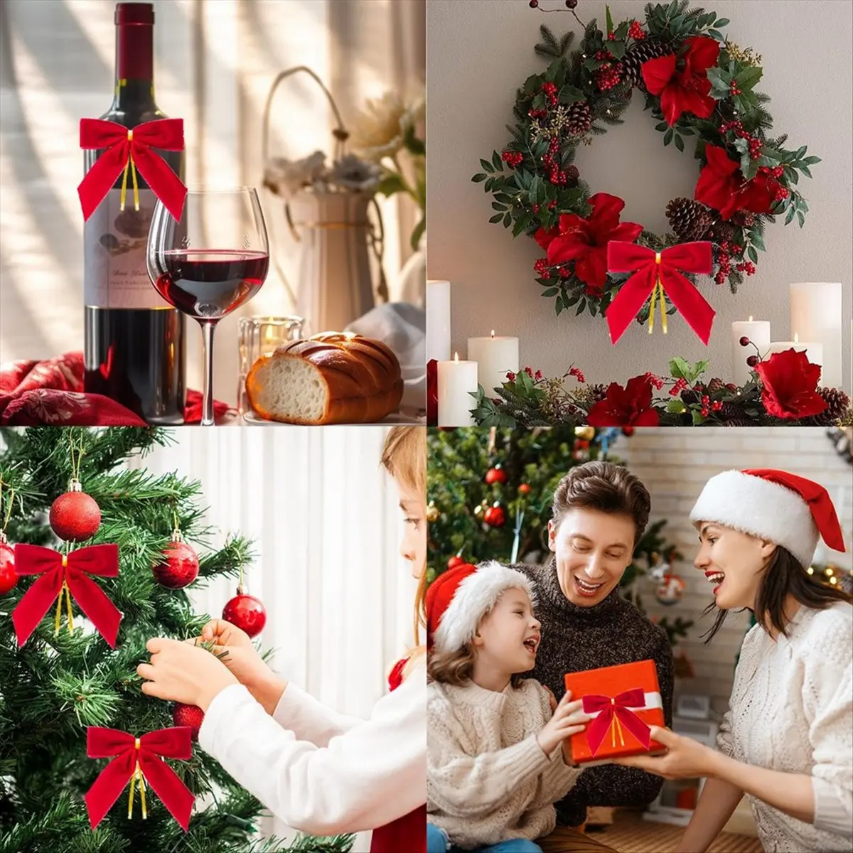 24 PCS Arcos de Natal Decorações de suspensão de Natal Enfeites de árvore de Natal com laço vermelho