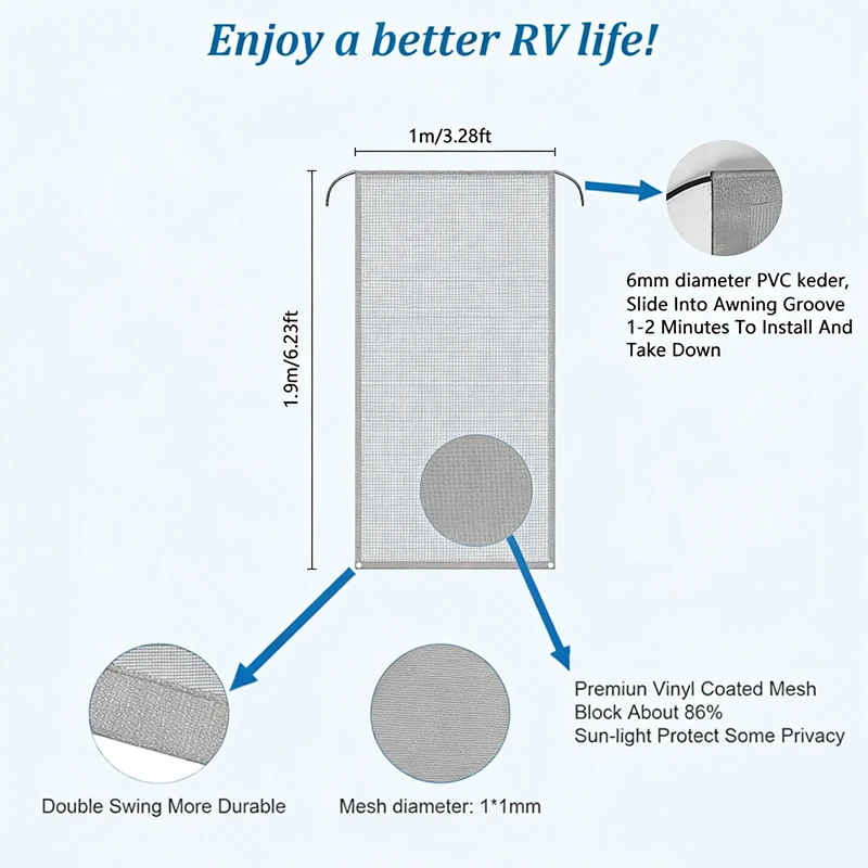 1Pcs RV Awning Sun Shade Screen View Blocker Camping Sunshade Front Net 190X100cm For Caravan Motorhome Camper