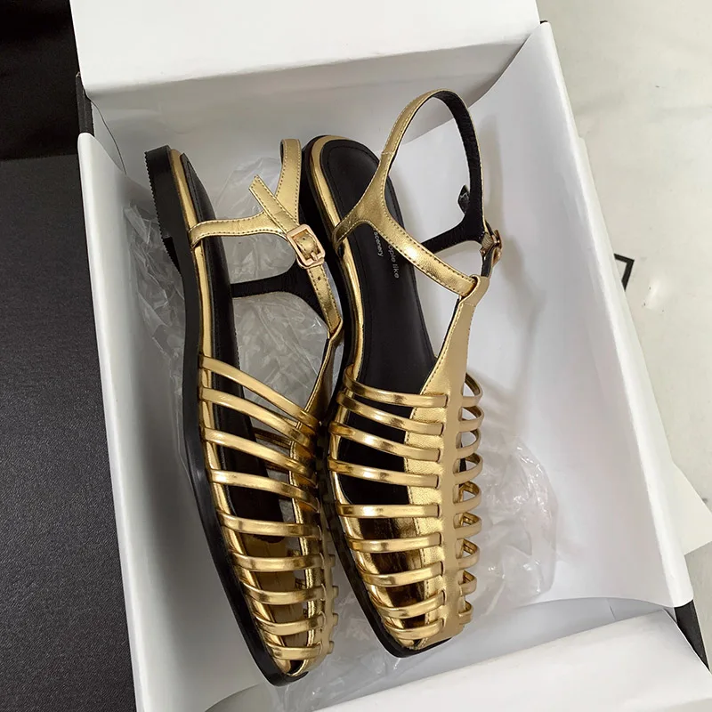 Women Sexy Round Toe Party Gladiator Sandals Fashion Summer Flats Shoes split Leather Daily Dress Sandals gold silver FT5172