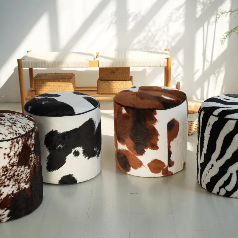 Plush Animal Print Ottoman Round Footrest Stool for Living Room Multi-Functional Accent Seat Entryway Bench for Home Decor