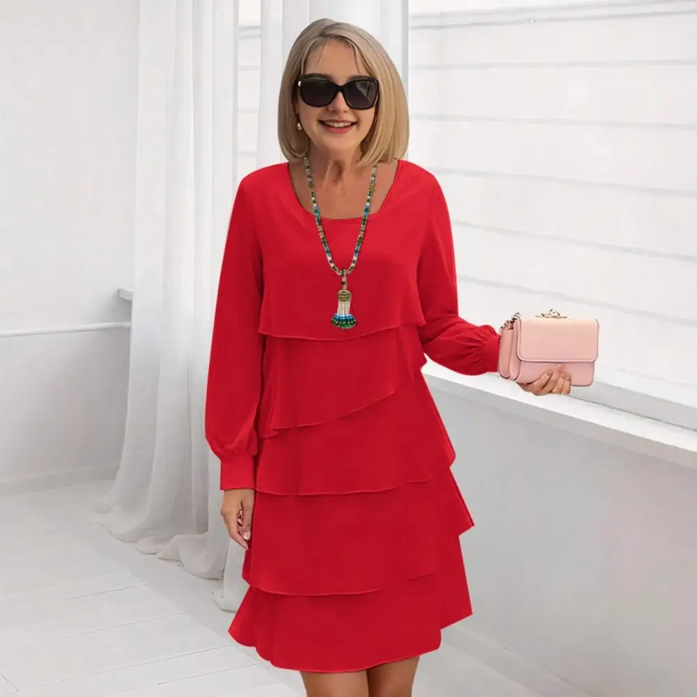 Multi Layered Cake Dresses Women Dress Solid Color Multi Layered Cake Dress Round Neck Long Sleeve Mini Dress Vacation Club Wear
