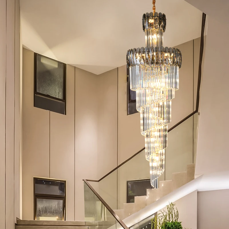 

Modern Duplex Floor Luxury Crystal Big Pendant Light Hotel Lobby Living Room Spiral Staircase Villa Decorative Chandelier