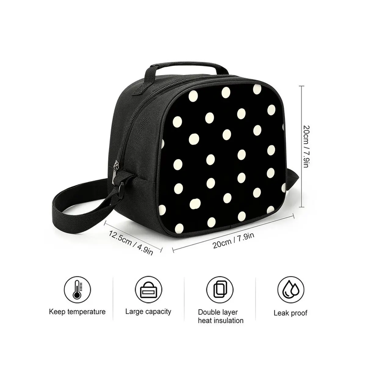 Polka Dots Print Shoulder Strap Insulated Lunch Bag Eco-Friendly Waterproof Thermal Cooler Reusable Student Bento Food