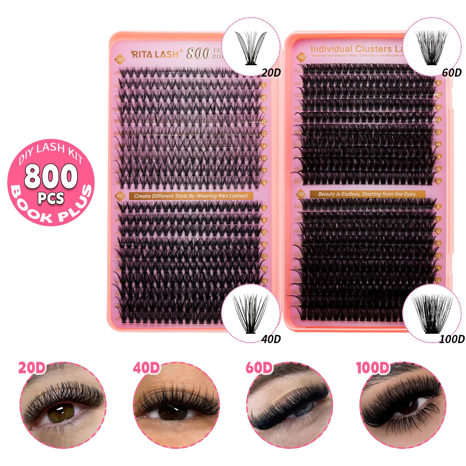 RITALASH 800PCS Cluster Lash book DIY Eyelash Extensions D Curl Long Individual Lashes Mixed Tray Lash Clusters Extensions