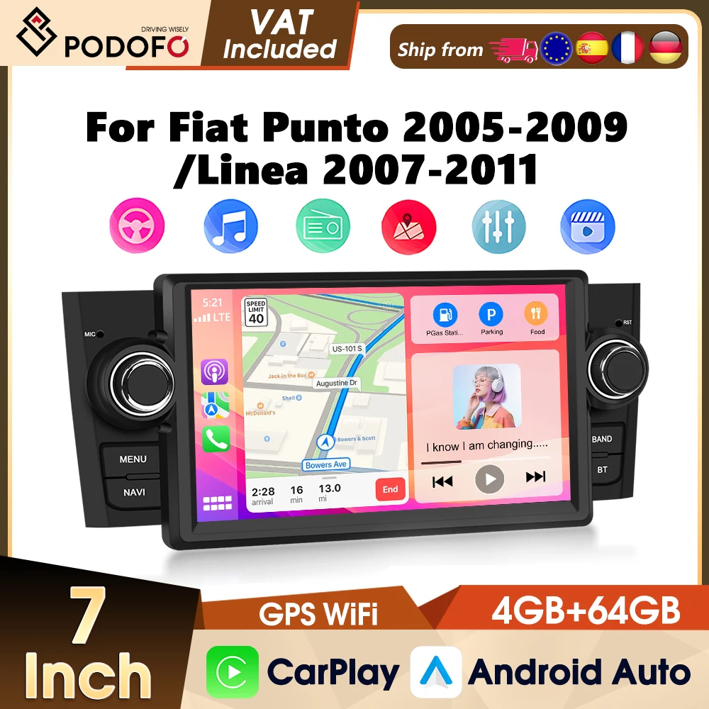 Autoradio Podofo 1Din Android 4+64G per FIAT Punto 05-09/Linea 07-11 con Carplay, Android Auto, GPS, WIFI, Mirror Link e Stereo.