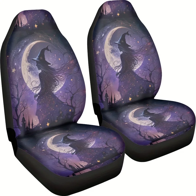 Elegant Wizard And Moon Car Seat Cover, 2pcs, Polyester Fiber, High-Definition Printing, All-Season, Hand Washable, No Filler