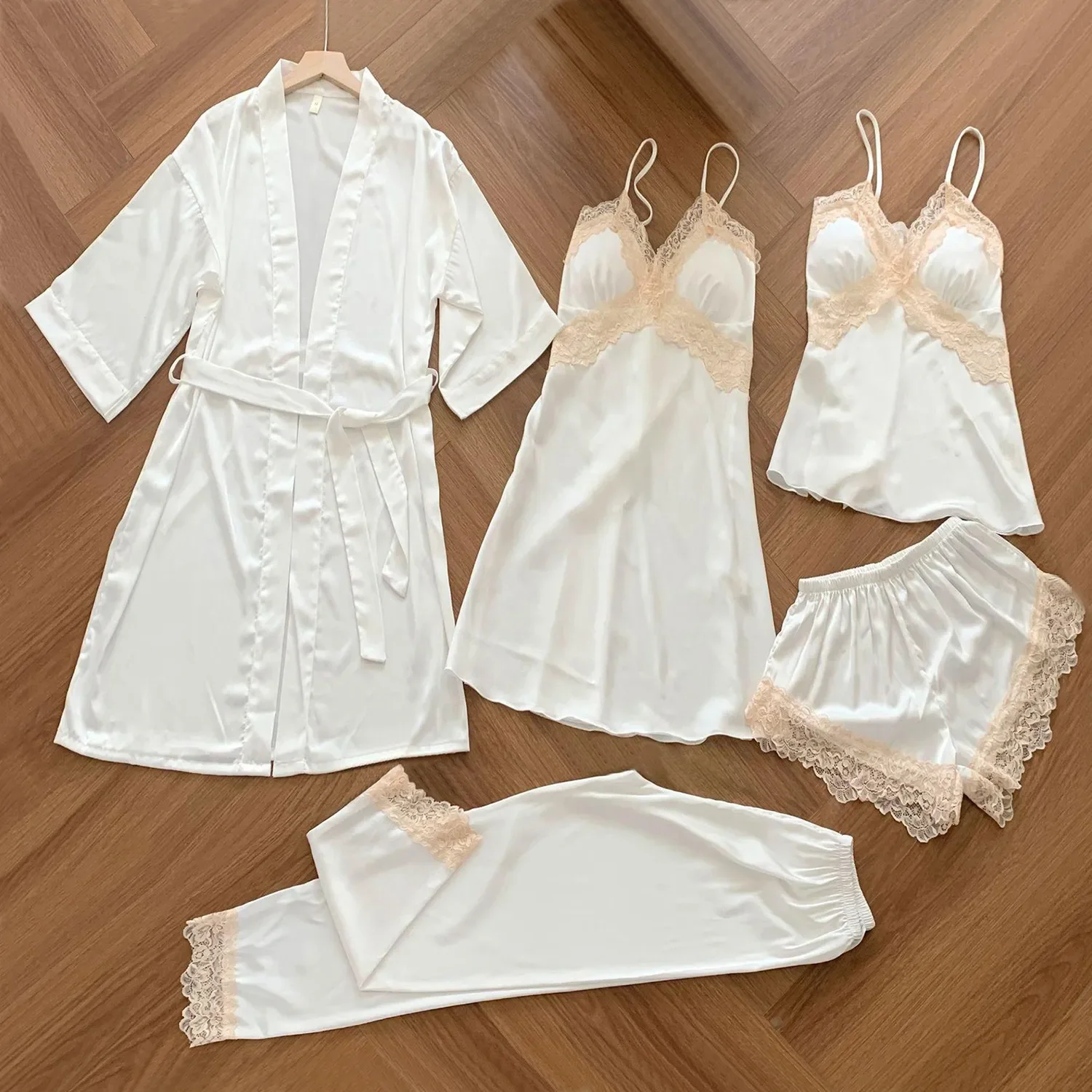 Five Piece Pijamas Set Lace Sleepwear Nightwear Loungewear Summer Women Rayon Pajamas Suit Bathrobe Strap Top&Shorts Homewear