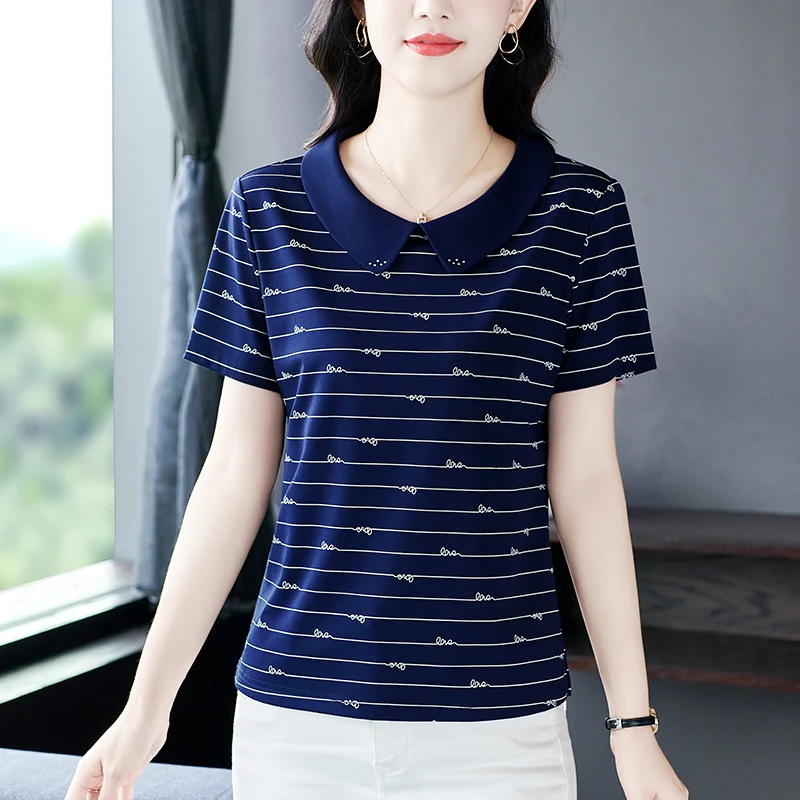 Aesthetic Women Roll Collar POLO Short Sleeve T-shirts Fashion Clothing Trend Anti-Pilling Ladies Tops Doll Collar Age Reduction