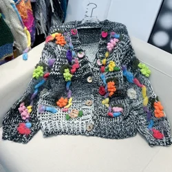 Cardigan a fiori con gancio fatto a mano Cappotto in maglia grossa Giacca maglione a maniche lunghe vintage Autunno/Inverno Maglieria da donna Capispalla