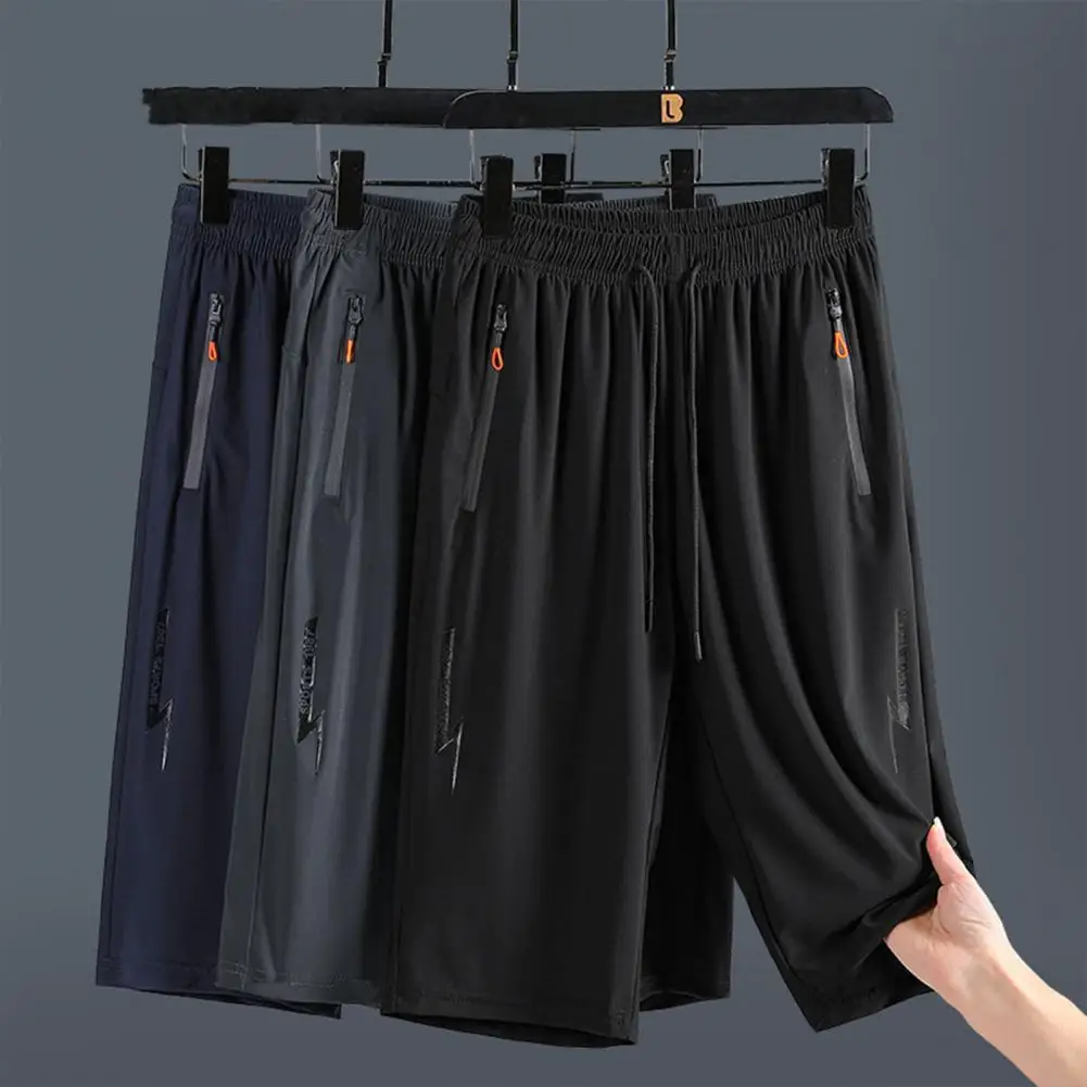 Ice Silk Shorts For Men Summer Sweatpants Pleated Sports Shorts Elastic Waist Zipper Pocket Quick Dry Casual Cropped Shorts