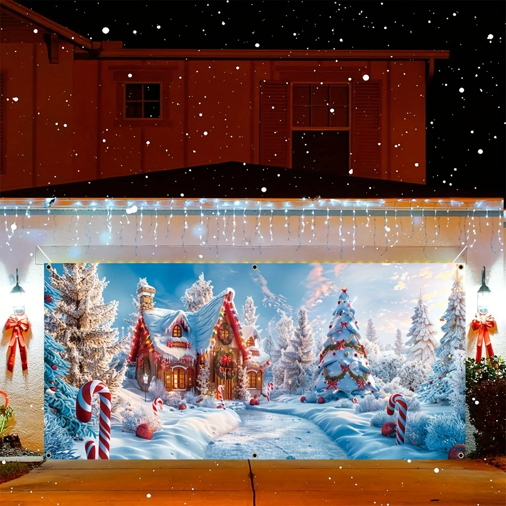 قطعة واحدة، لافتة جراج عيد الميلاد، بوليستر متين، تصميم بيت الثلج وشجرة عيد الميلاد، ديكور فني جداري منزلي احتفالي