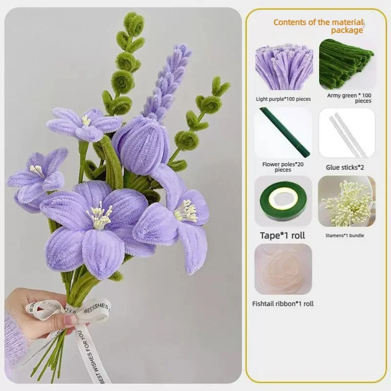200pcs DIY Tulip Flower Craft Kit - Pipe Cleaner Crafting Supplies for Adults, Chenille Stems Perfect for Wedding Bouquets