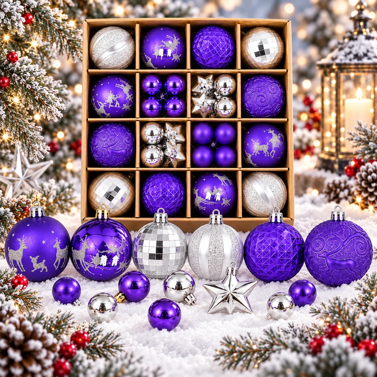 44PCS Purple Christmas Ornaments Set, Glitter Balls Star Baubles Reindeer Tree Hanging Decor Holiday Decoration