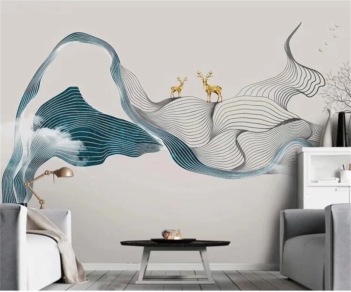 Customized wallpaper 3d abstract ink line smoke landscape artistic conception elk background wall 3d wallpaper wall stickers