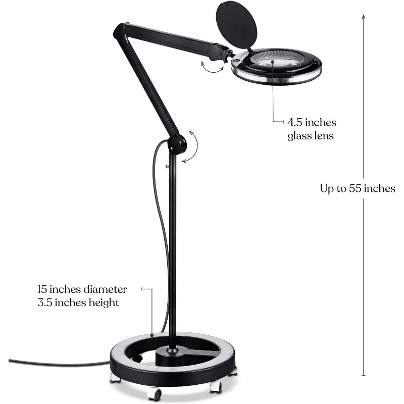 Lightview Pro Magnifying Glass with Stand & Light, Magnifying Floor Lamp with 6-Wheel Rolling Base for Facials & Lashes