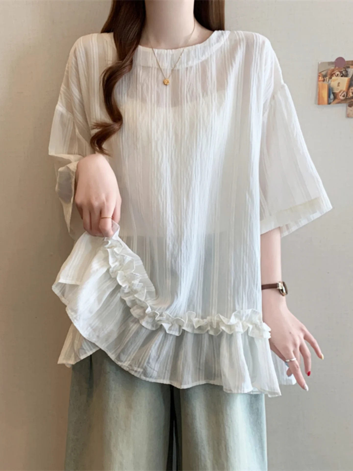 Loose Short Sleeve White Shirt Women Summer 2026 plus Size Transparent Sun Protection Half Sleeve Creative Pattern Commute Style
