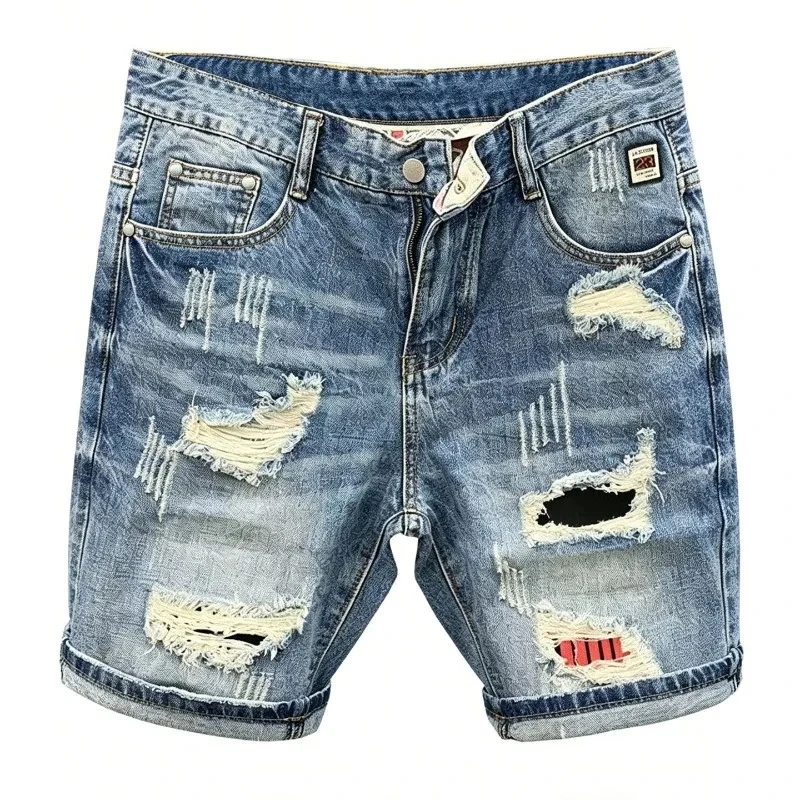 

Men Distressed Denim Shorts Patches Torn Raw Edge Cut Off Knee Shorts Skate Punk Street Summer Jean Bottoms Hip Hop High Street