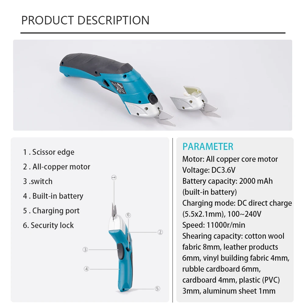 DIY Cordless Electric Scissors Cloth Cutting Leather Tailor Tungsten Carbide Blades USB Portable Hand Tools Lithium batteries