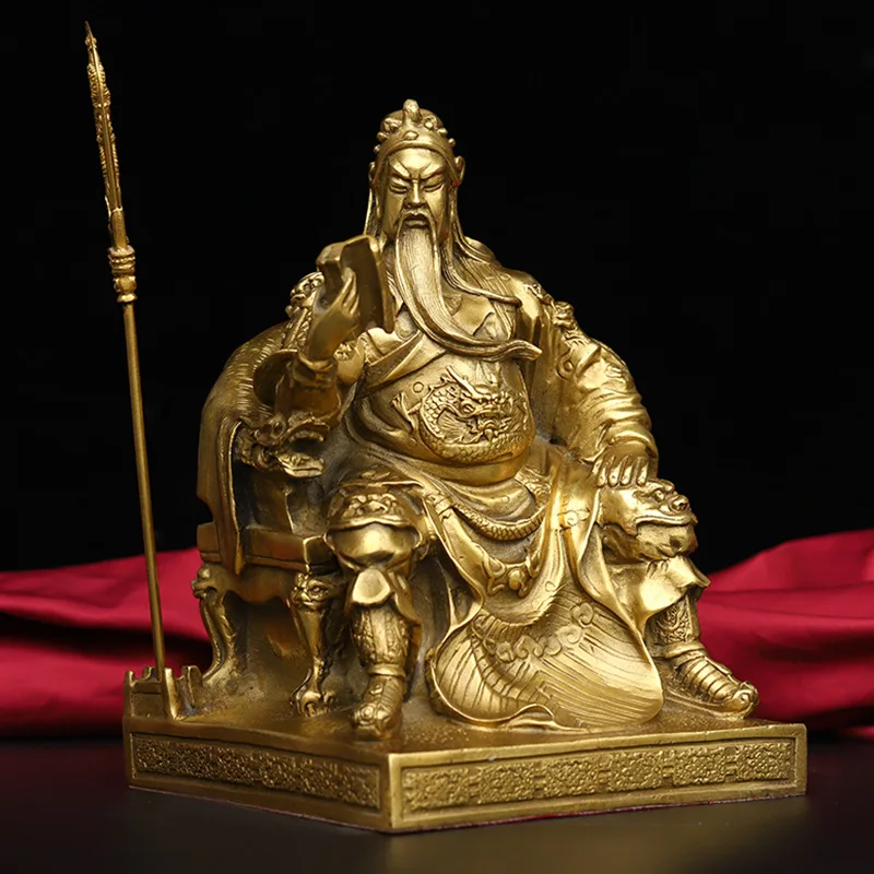 Brass Guan Gong figurine, depicting the God of Wealth sitting in a reading pose, a lucky and auspicious decoration for l