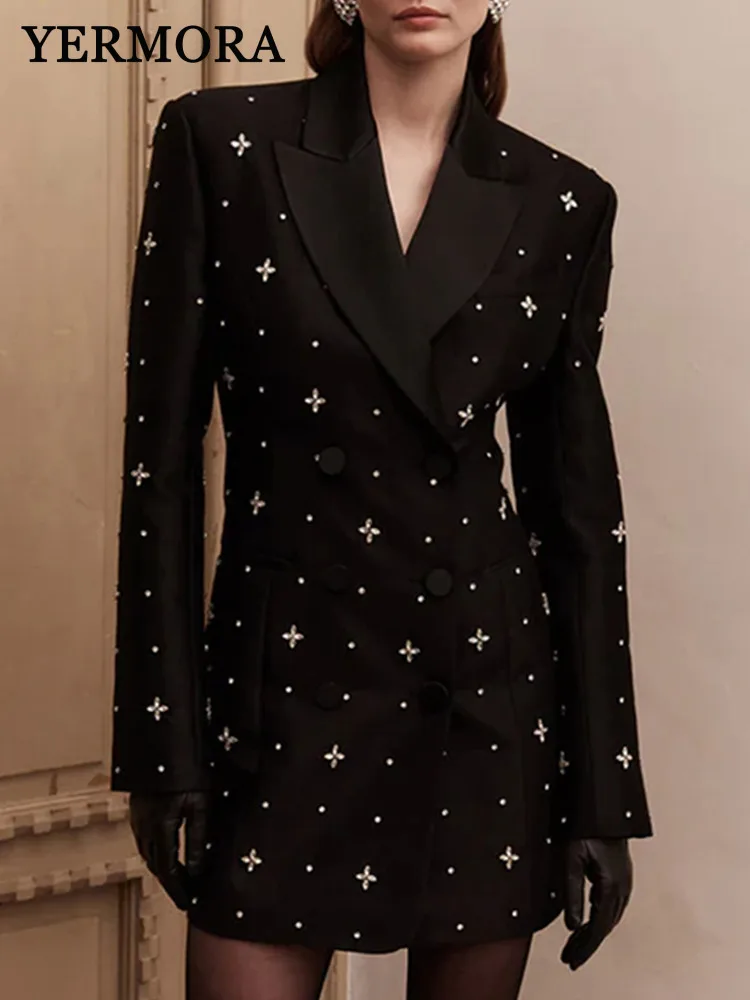 

YERMORA Black Rhinestone Double Button Blazer For Women Lapel Long Sleeve Loose New Jacket Fashion Tide Spring Autumn 2025
