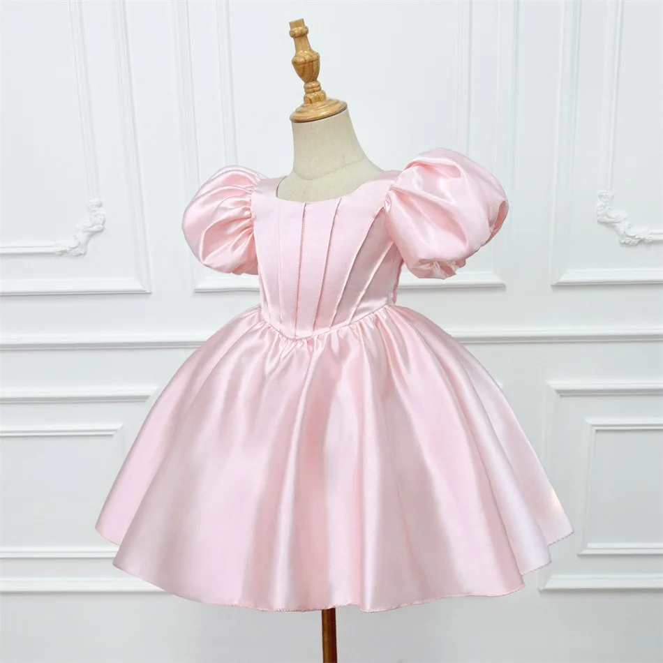 Girls Pink Puff Sleeve Princess Dress Kids Satin Ball Gown Toddler Pageant Dress Birthday Party Wedding Holiday Ball Dress ASQ03