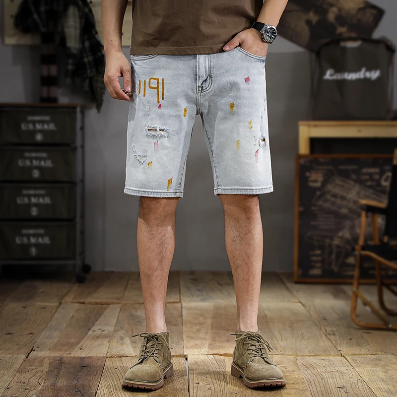 Men's American fashion brand washed white high-end denim shorts splash-ink straight tube trend everything with ripped pants