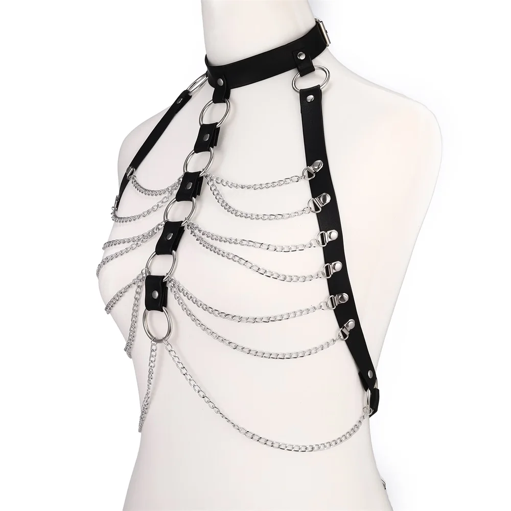 سلسلة تسخير الجسم من الجلد الأسود للنساء والفتيات سلسلة الجسم المثيرة مجوهرات الحفلات الشريرة ملحقات مهرجان الهذيان القوطية #3