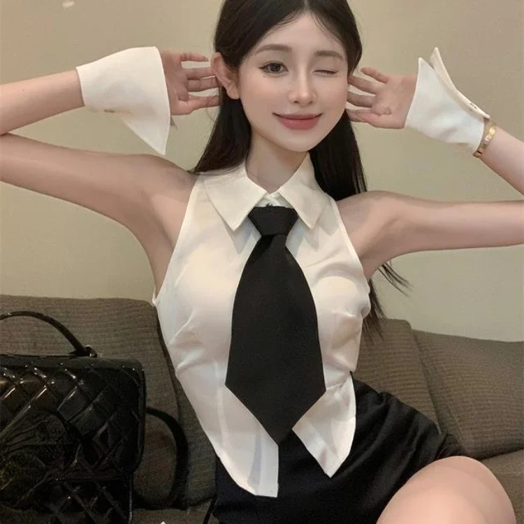 

Женский жилет с лацканами и галстуком, белый жилет, рубашки Y2k в стиле гранж, однобортные топы без рукавов Mujer, новинка лета 2025, облегающий топ на бретельках с лямкой на шее