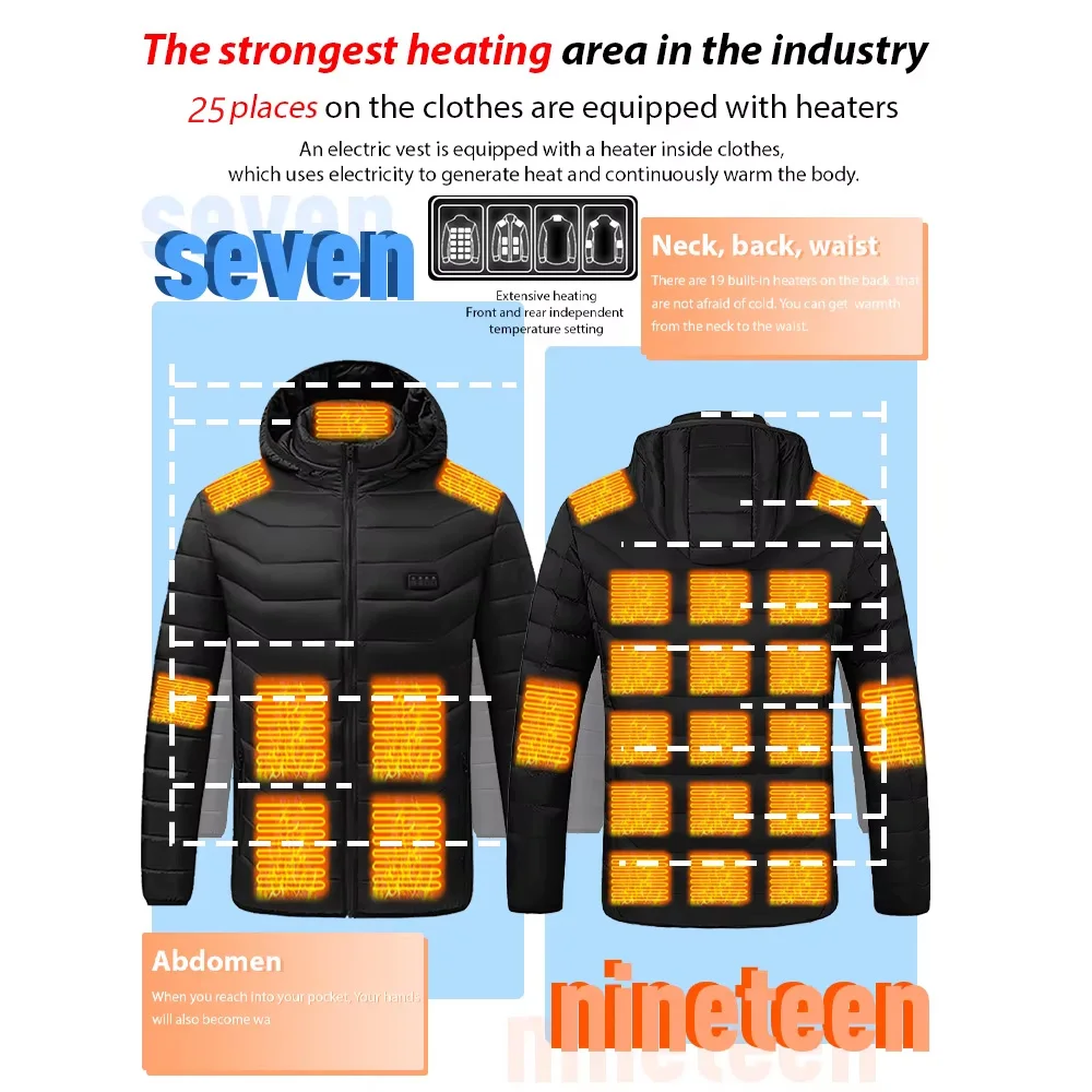 25 Areas Heated Jacket Men USB Electric Heating Hooded Cotton Clothes for Couple Winter Motorcycle Jacket Outdoor Warm Coat