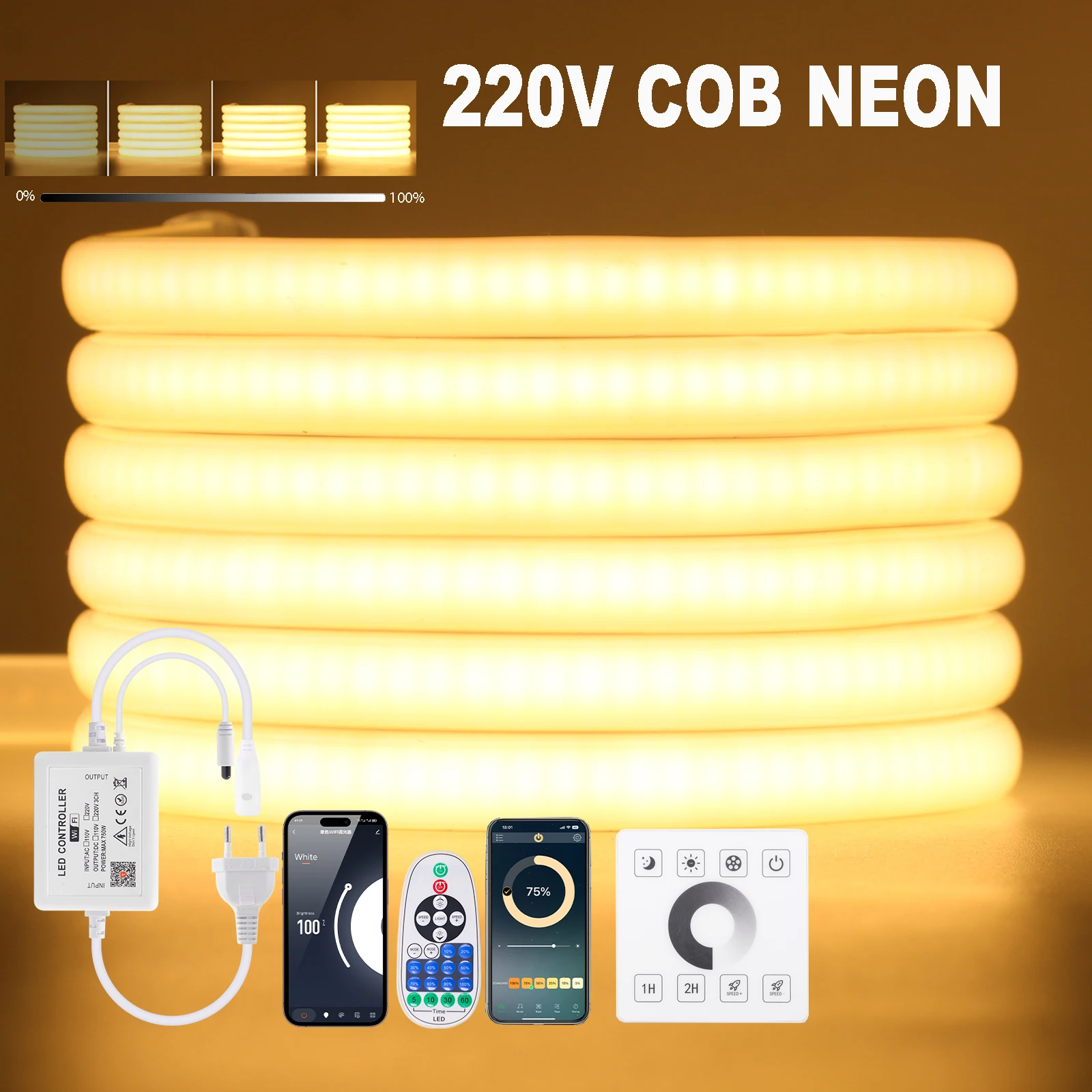 Tira de luces LED COB con Bluetooth, aplicación Tuya, 220V, regulable, 288 LEDs/m, RA90, blanco Natural cálido para habitación, cinta Flexible, cinta de neón impermeable