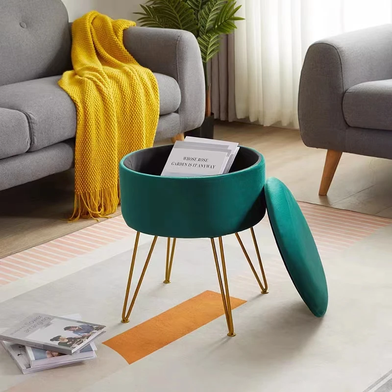 

Round velvet footrest stool ottomanUpholstered vanity Chair Pouffe DressingChair Storage Function golden metal leg