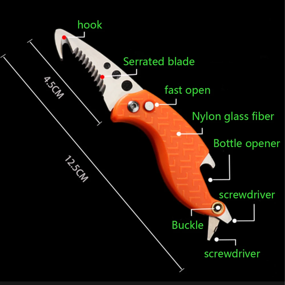 58HRC high hardness Multifunctional Tool Knife Foldable Serrated Sharp Express Parcel Knife Keychain With Hook Cut Survival Tool