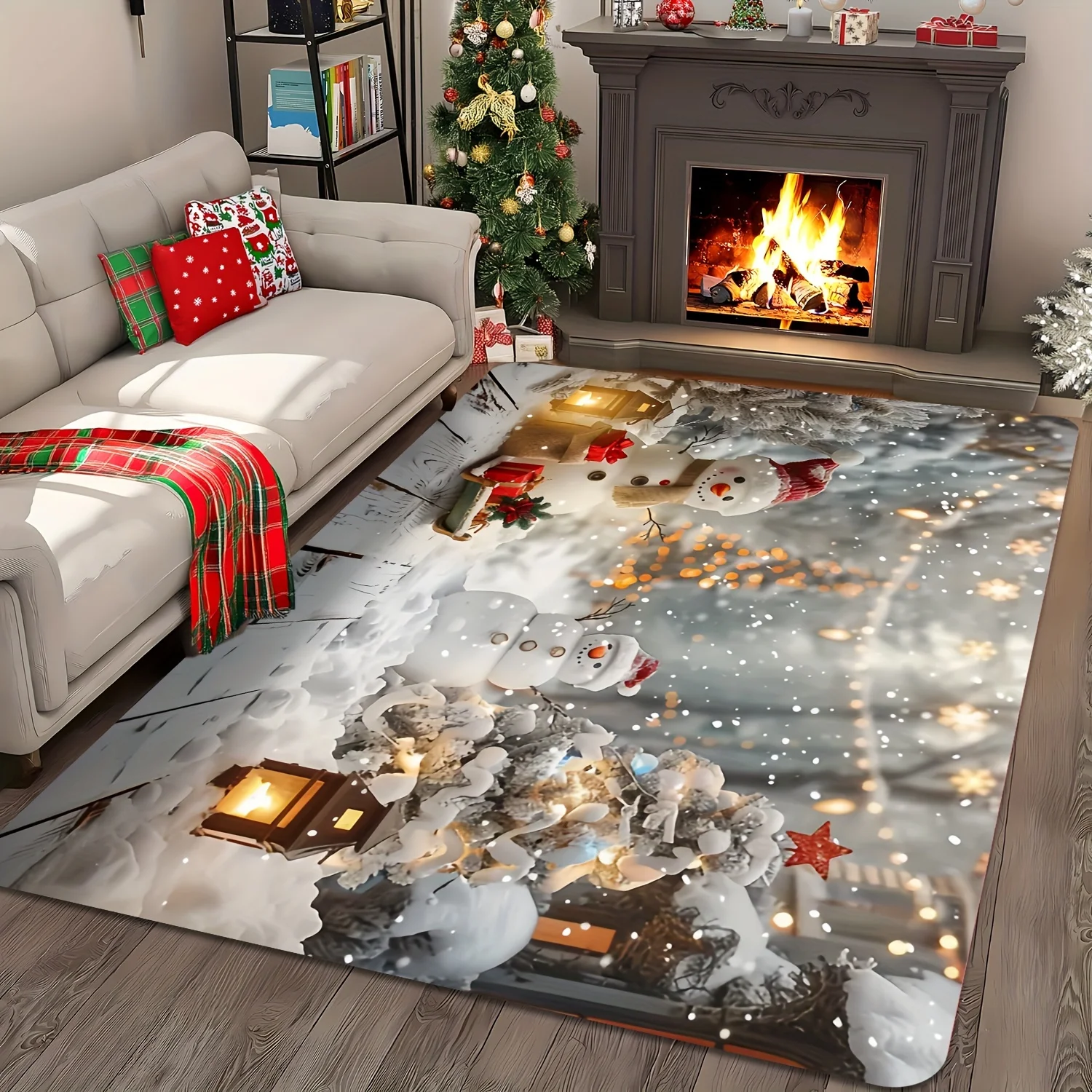 1pc Snowman‑Falling‑Snow‑Pattern Rectangular Area Rug, Indoor & Outdoor Floor Mat for Living‑Room Coffee Table, Bedroom