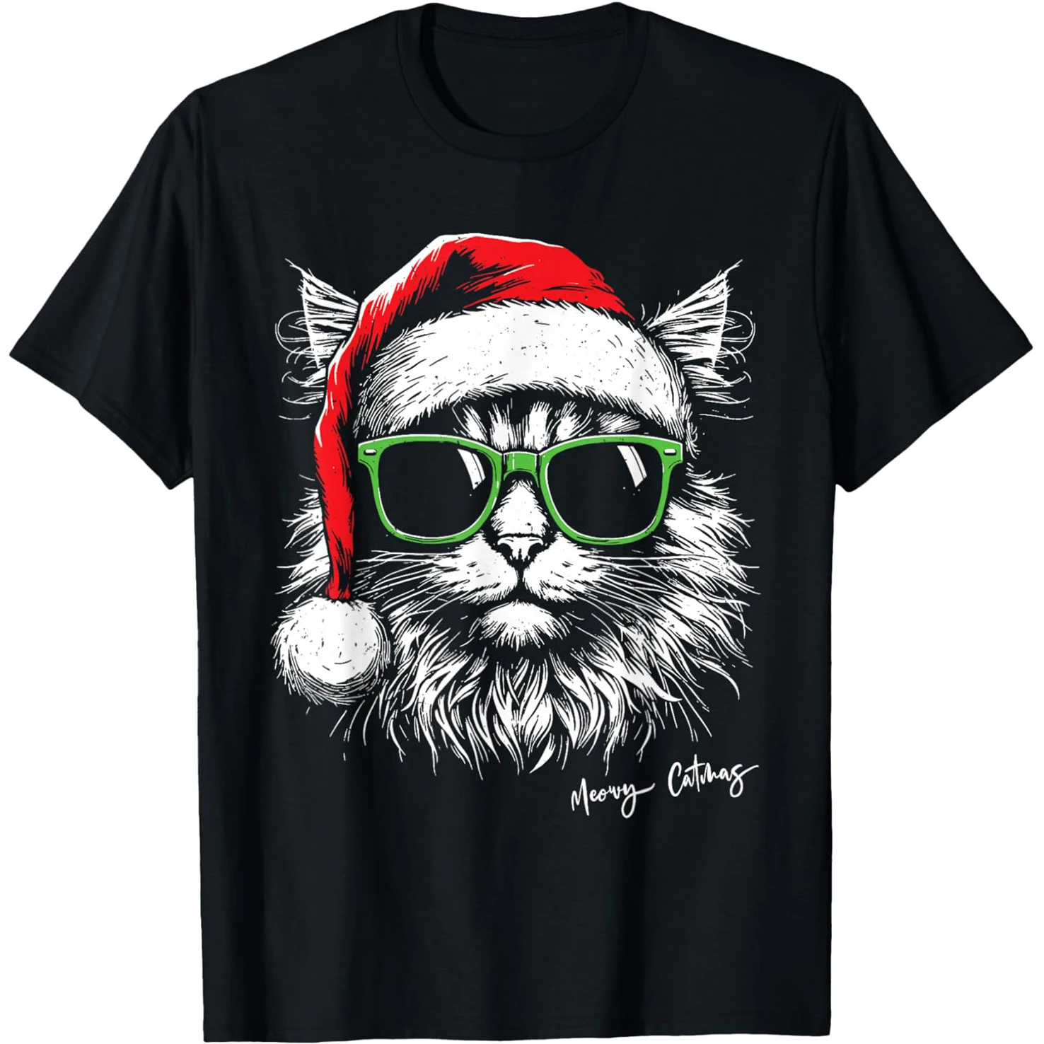 Catmas Santa Hat Cute Cat Christmas Xmas T-Shirts für Herren, reine Baumwolle, Humor, Streetwear, T-Shirt, kurzärmelig, Unisex, lockere Kleidung – Detail 2