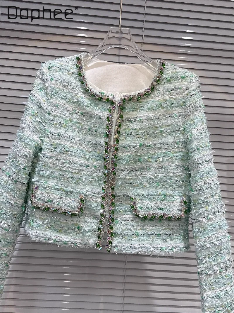 

2025 Autumn New French Socialite Rhinestone Beaded Round Neck Woven Tweed Short Coat Women Korean Ins Trendy Green Wool Coat