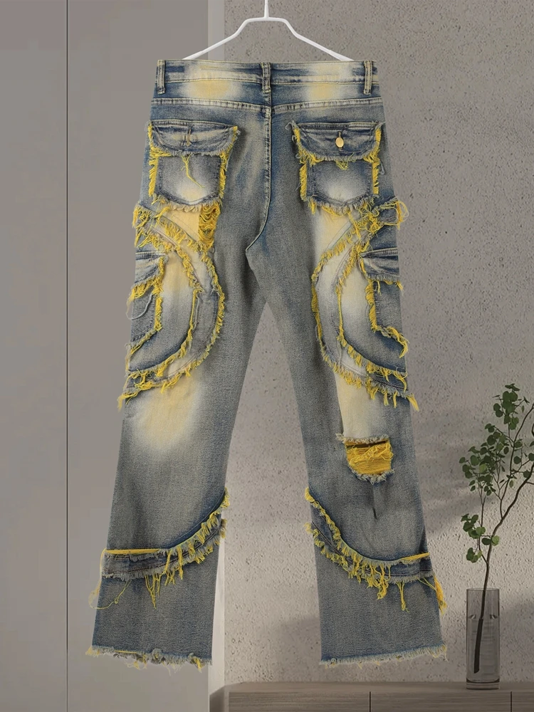 Jeans da uomo patchwork strappati alla moda con cerniera pantaloni in denim a matita slim a vita alta 2025 autunno streetwear maschile