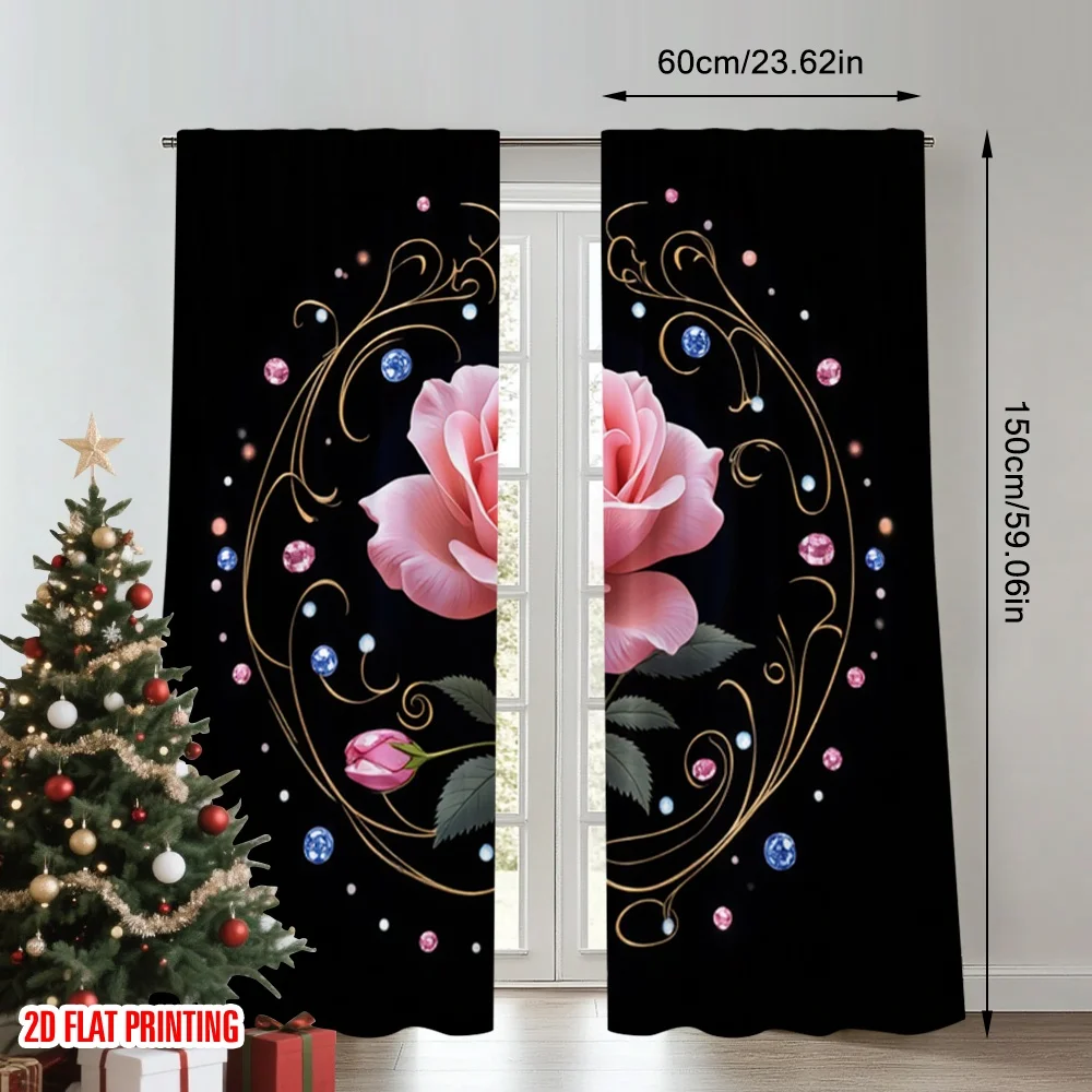 2pcs 2D flat printing Party Window Curtains Pink Rose Gemstone Jewelry Digital Printed Polyester Drapes Festive Holiday Use for