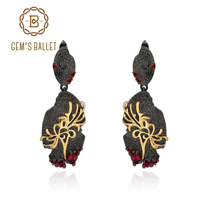 GEM'S BALLET Natural Red Garnet Woman’s Art Jewelry Statement Earrings 925 Sterling Silver Handmade Equinox Flower Drop Earrings